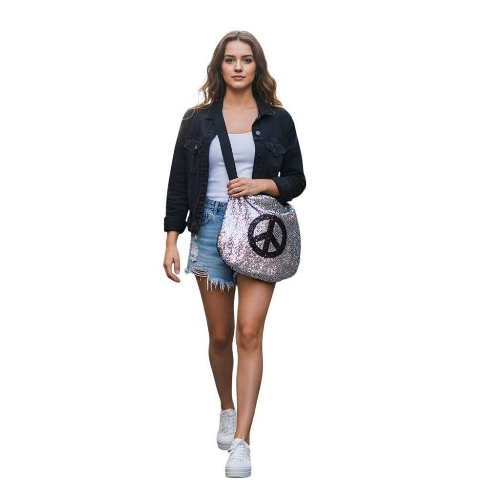 Fashion Express Silver Sequined Peace Sign Bohemian Crossbody Tote Bag 14"x14"